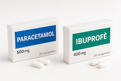 Comparativa visual entre caixes de paracetamol i ibuprofè amb comprimits al davant.