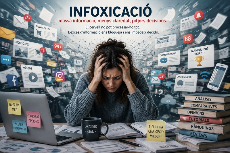 Dona aclaparada per una allau d'informació digital, notificacions, xarxes socials i documents, representant el fenomen de la infoxicació i la dificultat per prendre decisions.