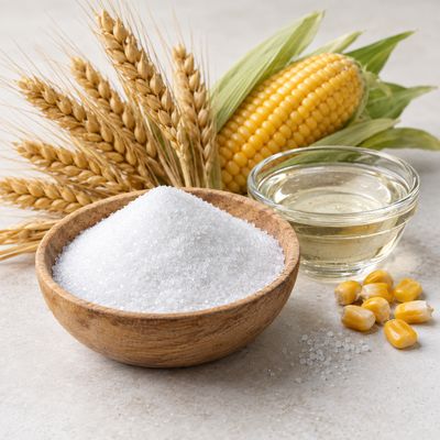 Maltitol cristal·lí amb blat de moro i espigues de blat, matèries primeres utilitzades per obtenir el midó.