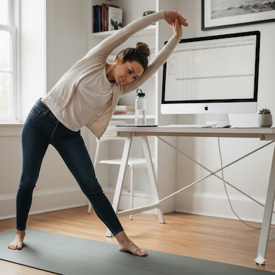Persona treballant a l’ordinador fent una pausa per estirar-se