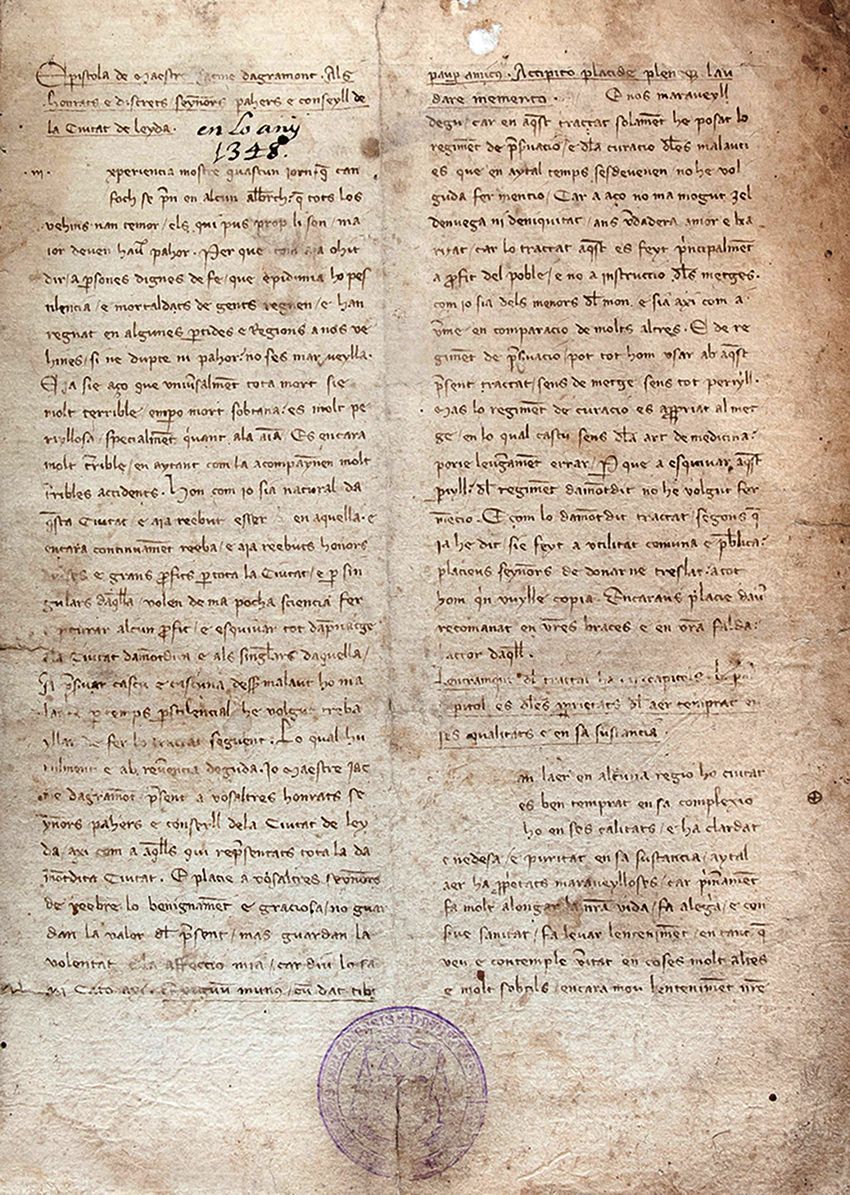 Primera pagina del manuscrit del Regiment contra pestilència de Jacme d’Agramont