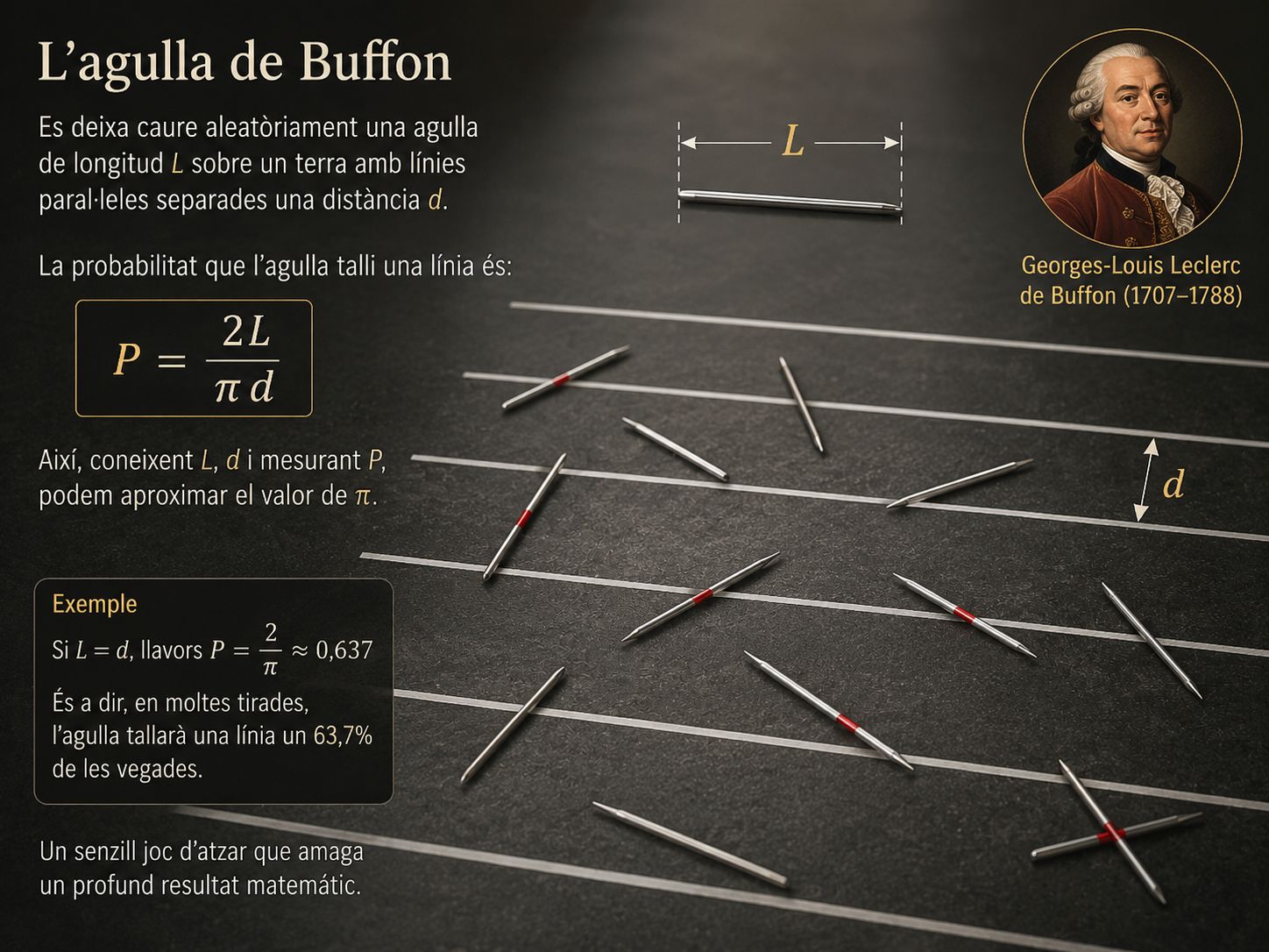 Infografia de l'agulla de Buffon mostrant un experiment aleatori per calcular el nombre π
