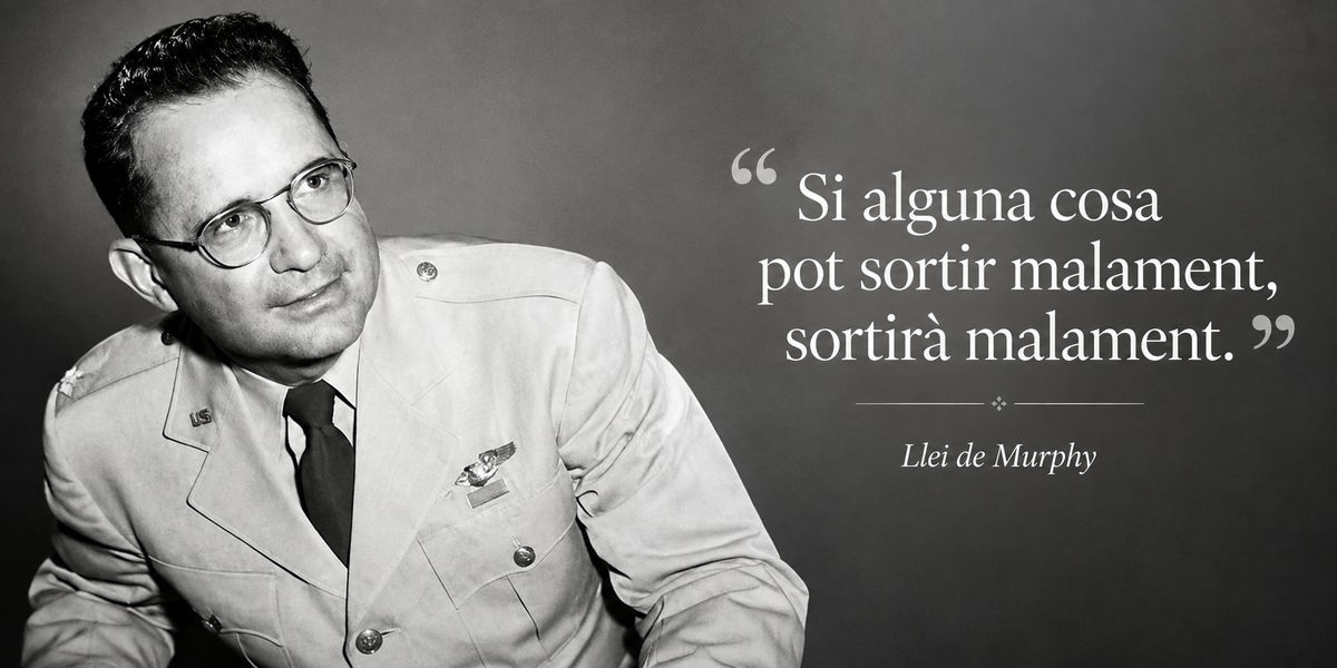 Banner en blanc i negre amb el retrat d'un home amb uniforme i ulleres, al costat de la frase