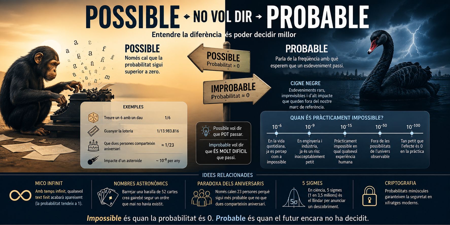Infografia sobre la diferència entre els conceptes de possible, probable i improbable, amb el teorema del mico infinit i la teoria del cigne negre.