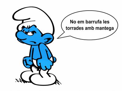 Personatge blau de còmic amb expressió enfadada i un globus de diàleg que diu: