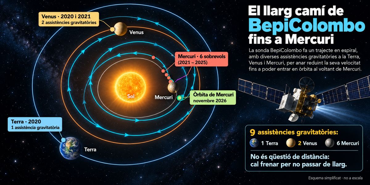 Infografia de la trajectòria de la sonda BepiColombo fins a Mercuri, amb les òrbites de la Terra, Venus i Mercuri i les nou assistències gravitatòries necessàries per arribar al planeta.