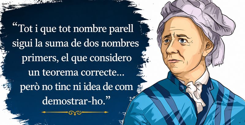 Cita d'Euler sobre la conjectura de Goldbach amb il·lustració del matemàtic i fons inspirat en una pissarra matemàtica.