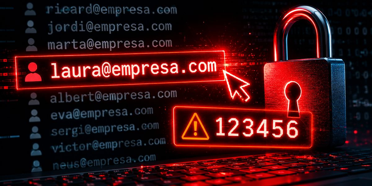 Il·lustració d'un compte de correu electrònic destacat amb una contrasenya feble, representant el risc de compromís davant d'un atac informàtic.