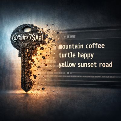 Il·lustració d’una clau “complexa” desfent-se i una frase llarga com a alternativa més segura