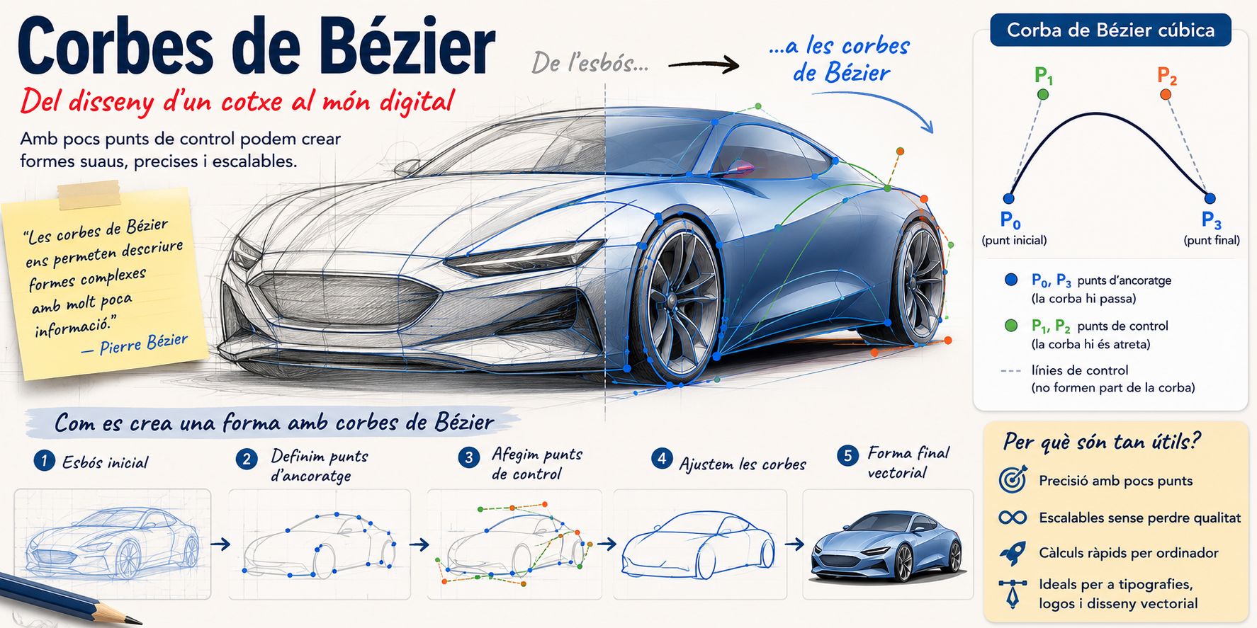Infografia que mostra com les corbes de Bézier s'utilitzen en el disseny d'automòbils per crear formes suaus, precises i escalables