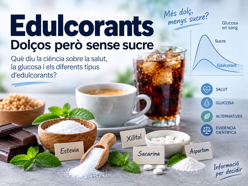 Banner sobre edulcorants amb cafè, refresc, xocolata, estevia, xilitol, sacarina i aspartam, amb comparació de la resposta de glucosa