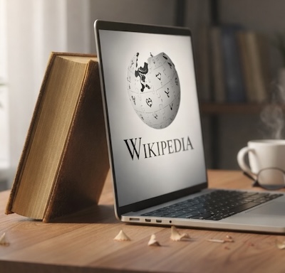 llibre i ordinador amb el logo de la Wikipedia com una lluna