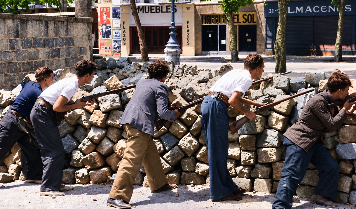 Barricada amb homes armats durant els Fets de Maig de 1937 a Barcelona.