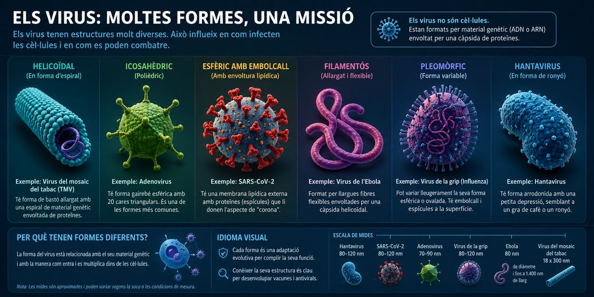 Infografia científica que mostra les diferents formes i estructures dels virus, incloent coronavirus, adenovirus, hantavirus i virus filamentosos com l'Ebola