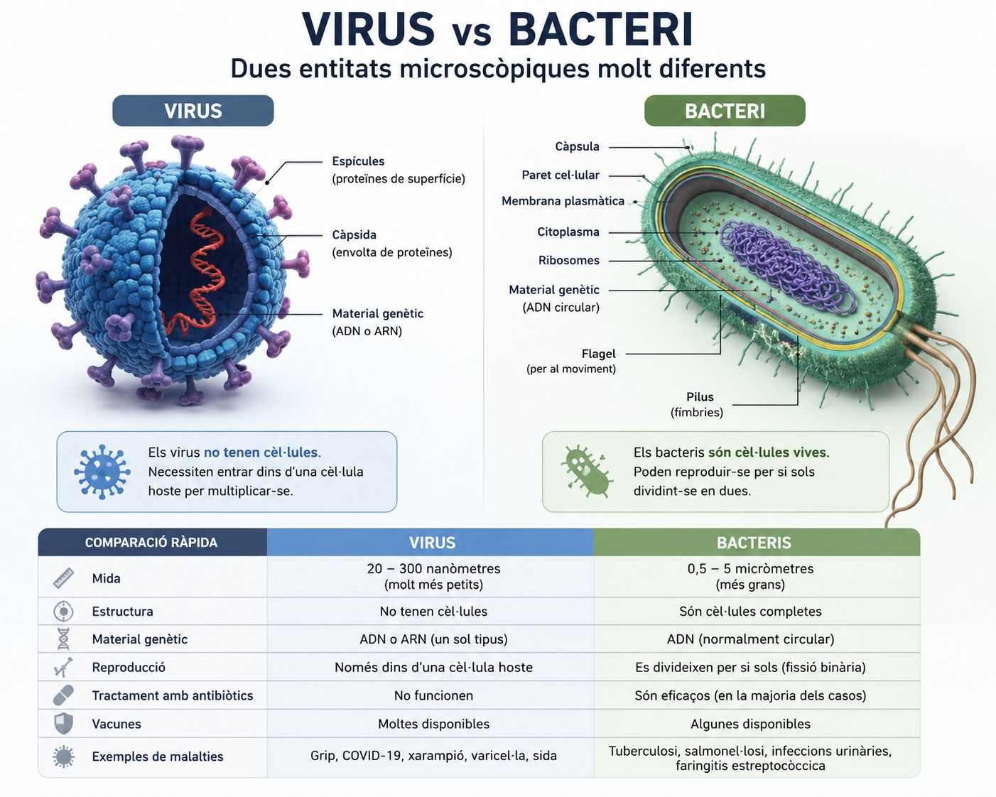 Infografia comparativa que mostra les principals diferències entre els virus i els bacteris: mida, estructura, reproducció i tractaments