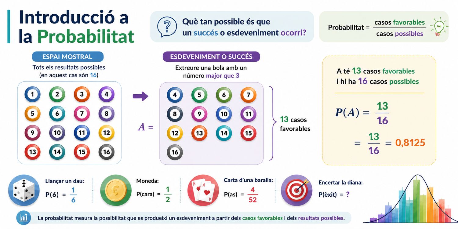 Infografia introductòria sobre la probabilitat amb espai mostral, casos favorables i càlcul de probabilitats.