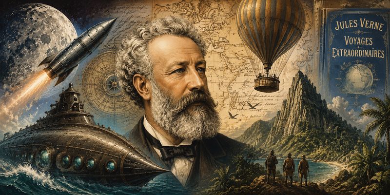 Jules Verne envoltat d'algunes de les màquines i els paisatges imaginaris de les seves novel·les.