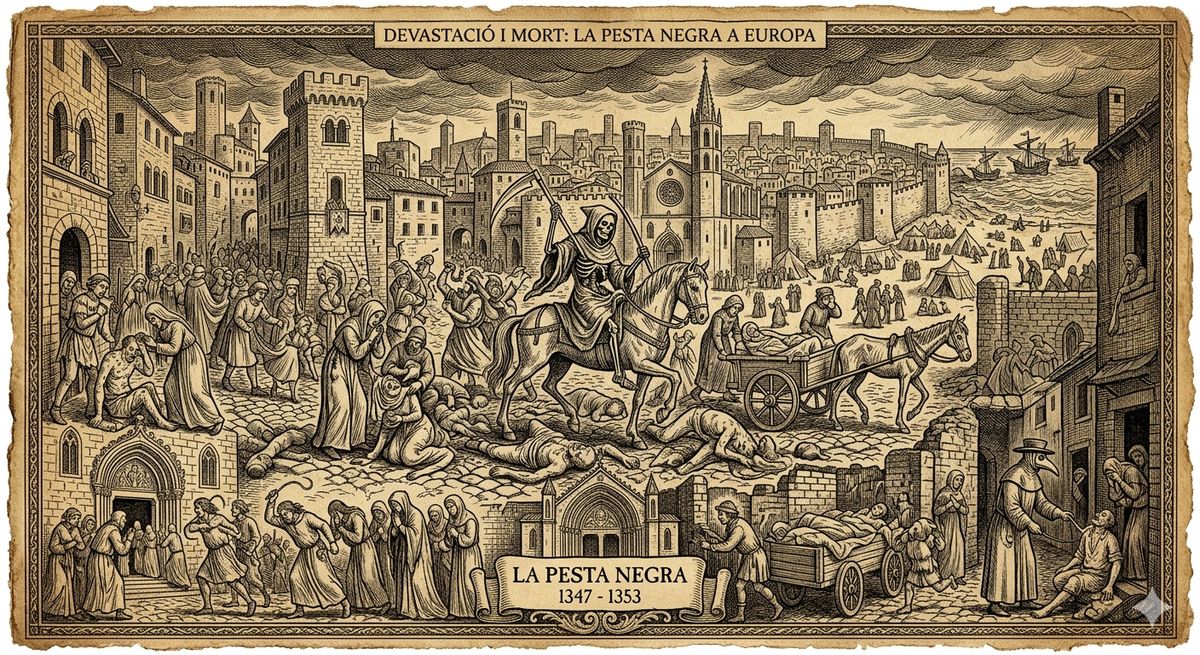 Gravat antic d'estil medieval que mostra una ciutat europea desolada per la pesta