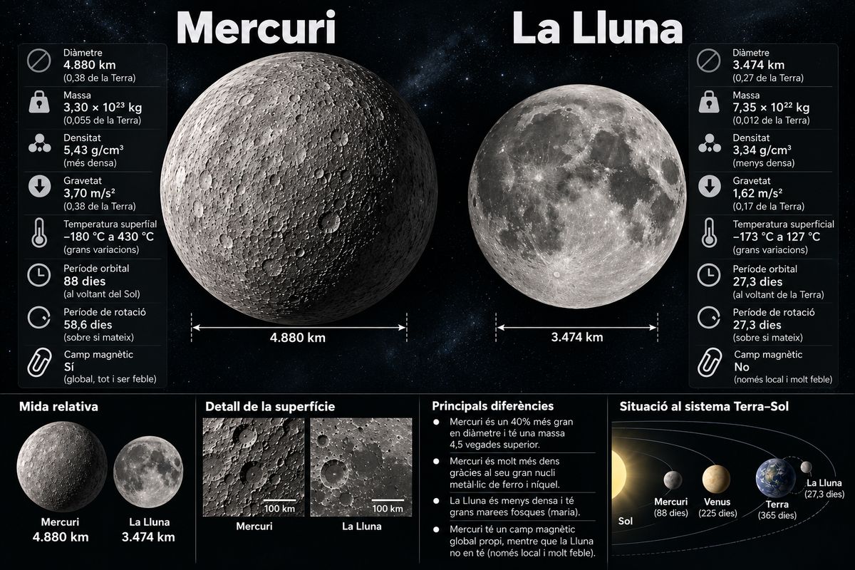Infografia comparativa de Mercuri i la Lluna en tons grisos, amb imatges de les seves superfícies i dades sobre el diàmetre, la massa, la gravetat, les temperatures i els períodes orbitals.