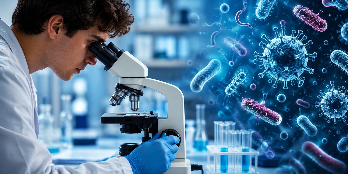 Persona observant mostres amb un microscopi en un laboratori, amb representacions de virus i bacteris en segon pla.