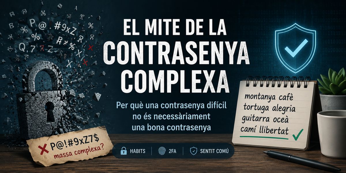 Banner sobre el mite de la contrasenya complexa, mostrant un cadenat trencat amb símbols i una frase de paraules fàcils de recordar com a alternativa més segura.