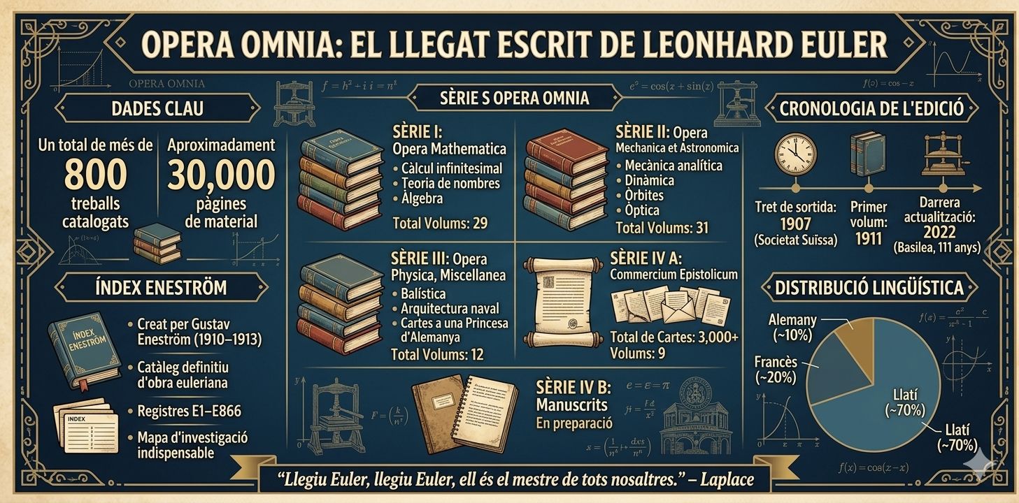 Una infografia detallada en català sobre l'Opera Omnia, la col·lecció completa de les obres de Leonhard Euler. Mostra l'estructura de la col·lecció dividida en sèries, dades clau sobre el nombre de treballs i pàgines, la cronologia de l'edició i la distribució lingüística. Inclou il·lustracions de llibres, un manuscrit i un retrat de Gustav Eneström.