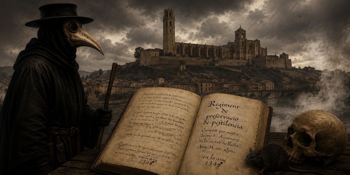 Escena fosca inspirada en la pesta negra amb la Seu Vella de Lleida, un metge medieval amb màscara de pesta i el manuscrit del Regiment de preservació de pestilència
