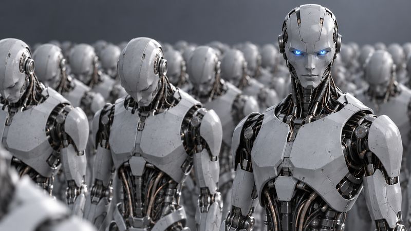 Formació de robots humanoides futuristes en espera, amb un únic robot en primer pla mirant endavant amb els ulls blaus il·luminats.
