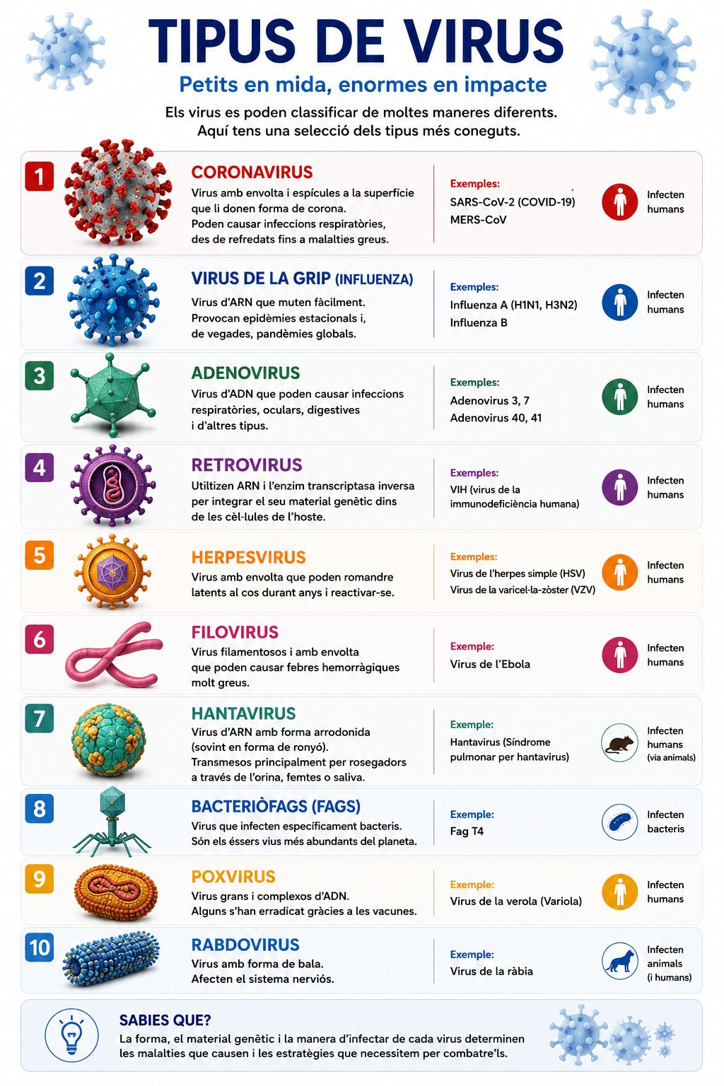 Infografia vertical amb els principals tipus de virus, incloent coronavirus, retrovirus, hantavirus, bacteriòfags i virus de la grip, amb exemples i característiques.